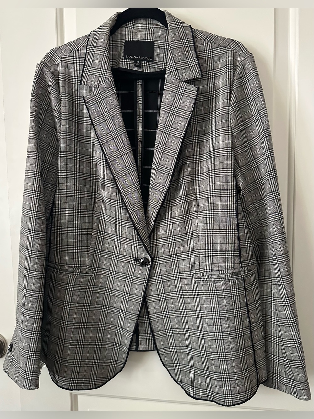 Banana Republic Glen Plaid Blazer Size 14 Black White Single Button Jacket